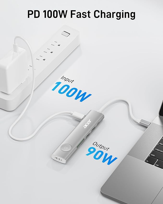 Acer USB C HUB Multiport Adapter, 7 in 1 USB-C to HDMI Adapter with 4K@60Hz, 100W PD, 5Gbps 2*USB-A 3.1, 1*Type-C 3.1, SD Card Reader Type C Dongle for iPhone 16/15, MacBook Pro/air, iPad, Acer