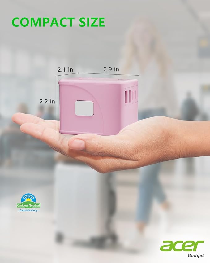 Acer Universal Travel Plug Adapter - International Power Adapter with 5 USB Ports (3 USB C) 5.8A, Worldwide Outlet Charger for USA to European UK France Germany Spain, Type C/E/F/G/I/L/A,Pink
