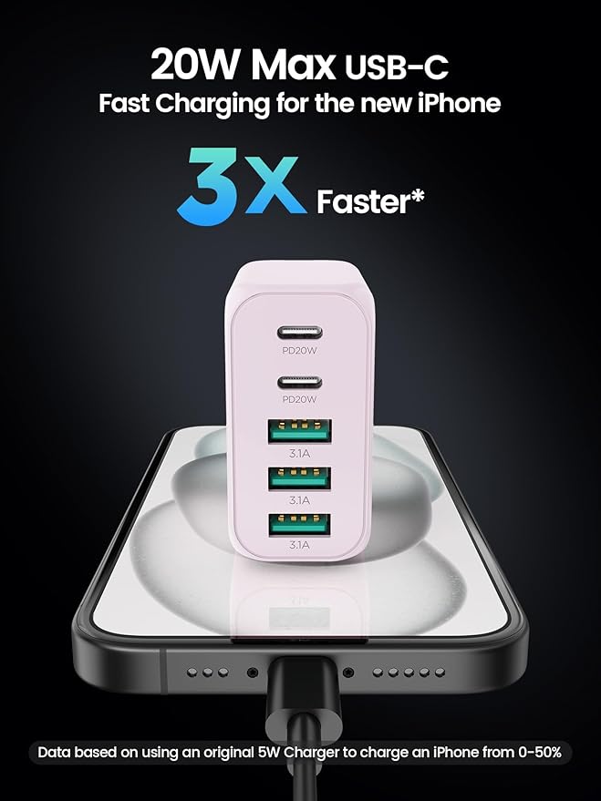 USB C Charger Block, [2-Pack] Type C Charger Fast Charging,50W 5-Port USB Wall Charger Multiport Type C Charging Block Cube for iPhone 17/16/15/14/13/12/11 Pro Max XS,iPad,Samsung&More-Pink