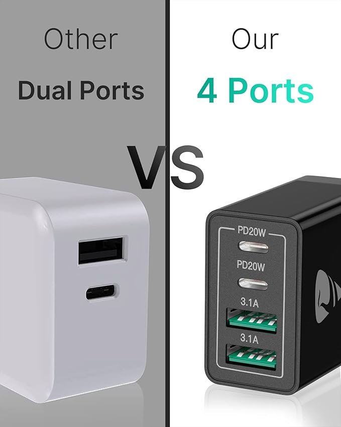 [2-Pack] USB C Wall Charger, Aiminu 40W Fast USB C Charger, 4-Port QC+PD 3.0 Power Adapter Double Fast Wall Plug Type C Charging Block for iPhone 15/14 Pro Max/13/12 mini/11/XS/XR,Tablet, Cube