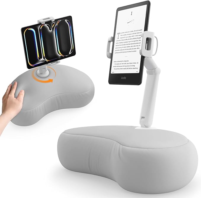 SAIJI Kindle Pillow Stand, iPad Stand Compatible with 4.7”-15.6” Kindle, Phone, iPad, 360° Adjustable Lap Beanbag Tablet Holder for Bed with Flexible Dual Axis Arm and Microbead Cushion (Gray)
