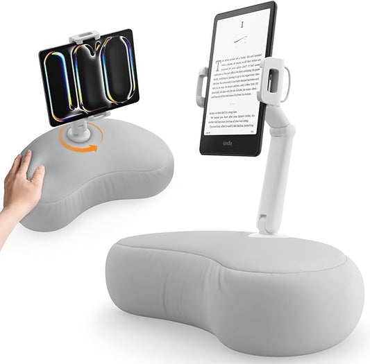 SAIJI Kindle Pillow Stand, iPad Stand Compatible with 4.7”-15.6” Kindle, Phone, iPad, 360° Adjustable Lap Beanbag Tablet Holder for Bed with Flexible Dual Axis Arm and Microbead Cushion (Gray)