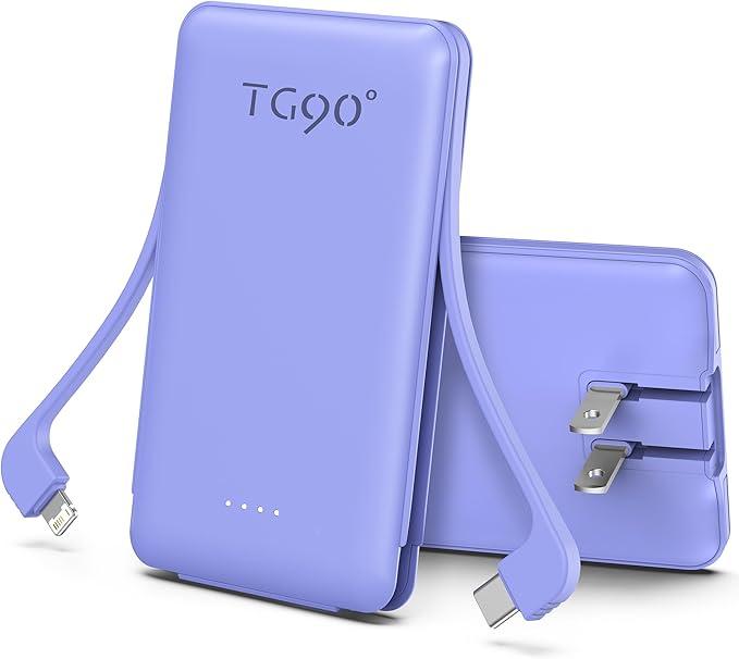 TG90° Portable Phone Charger Ultra Mini Power Bank with Built-in Foldable AC Wall Plug and Cables,5000mAh External Battery Pack Compatible with iPhone and Android Smart Devices