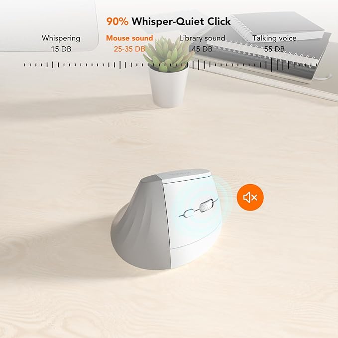 EM18 Wireless Ergonomic Vertical Mouse, Ergo Design, Bluetooth Cordless Mouse, Silent Click, 5-Level Adjustable DPI, Carpal Tunnel Mice for Computer, PC, Mac, Laptop, White