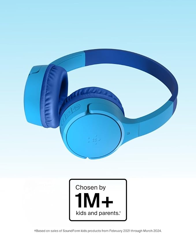 Belkin SoundForm Mini - Wireless Bluetooth Kids Headphones, 30H Battery, 85dB Safe Volume Limit, Built-in Microphone - Toddler On-Ear Earphones for iPhone, iPad, Fire Tablet, Ideal for School - Blue