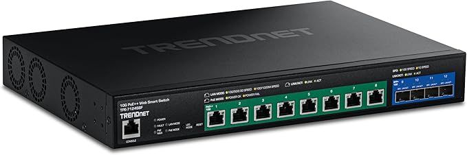 TRENDnet 12-Port 10G PoE++ Web Smart Switch, TPE-7124SBF, 720W PoE Power Budget, 8 x 10G PoE++ Ports, 4 x 10G SFP+ Ports, NDAA TAA Compliant, 1U 19" Rack Mountable, Lifetime Protection