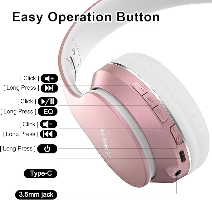 JOMILIN B9 Bluetooth Headphones Over-Ear, 3 EQ Music Modes and 50H Playtime Wireless Headphones with Mic, Hi-fi Stereo Lightweight Folding Headset, Volume Control for Travel Tablet PC (Rose Gold)
