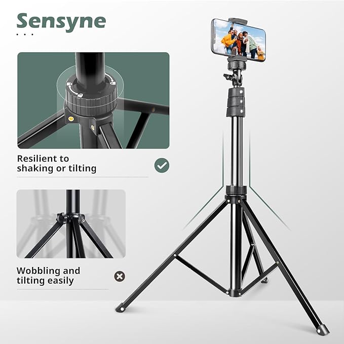 Sensyne 88" Phone Tripod, Selfie Stick Tripod with 14.95" Flexible Gooseneck, Overhead Cell Phone Stand for Video Recording, Photography, Compatible with Phone, Camera