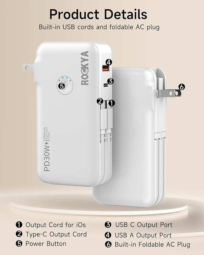 Portable Charger with AC Wall Plug and Built in Cables,PD 30W Fast Charging USB C Power Bank 16000mAh with 4 outputs,Travel Battery Pack Compatible with iPhone 16 15,MacBook,Pad,Samsung (White)