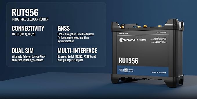 Teltonika RUT956 Industrial 4G LTE Router – Dual SIM Failover, GNSS GPS Tracking, VPN & RMS Support (RUT956A00A00)