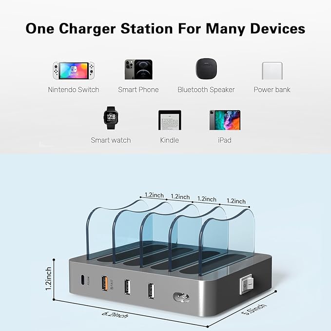 Charging Station for Multiple Devices - 4-Port 20W PD USB-C Charger for iPhone iPad Smartphones Tablets,Universal Compatibility, Detachable Baffle Design