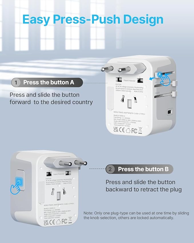 Universal Travel Adapter, VINTAR International Power Adapter with 6A 3 USB C and 2 USB Ports, All in One Travel Essentials Plug Adapter, Worldwide Outlet Converter for Europe UK AUS USA(Type A/C/G/I)