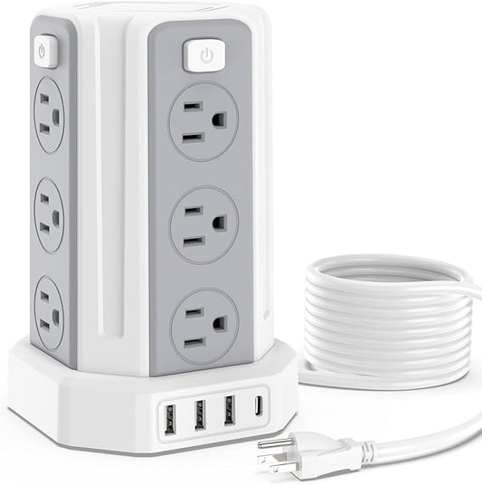 Power Strip Surge Protector, 10 Ft Extension Cord with 12 AC Multiple Outlets 4 USB (1 USB C), SMALLRT Power Tower Desktop Charging Station (White, 10 FT PD20W)