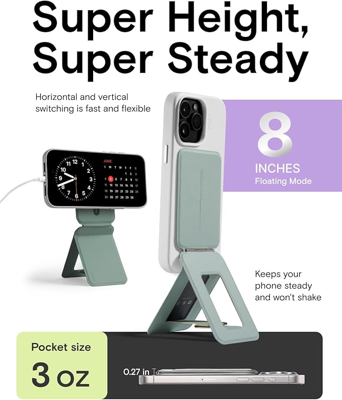 MOFT Phone Tripod Stand Selfie Stick for iPhone, Multi-Angles iPhone Stand, Lightweight & Portable Phone Holder, Strong Magnets, MOVAS Vegan Leather, Travel Essentials, Seafoam (Without Card Slot)