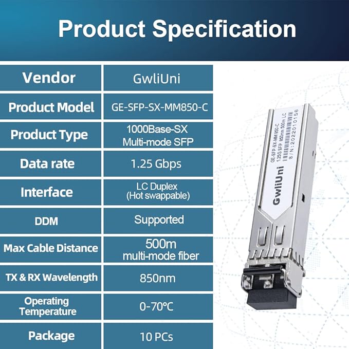 10Pcs 1.25G SFP Multi Mode Fiber Module Network Transceiver, SX MM 850nm 500m, Duplex LC Interface for Switch, Router, Firewall, Network Card, Media Converter etc