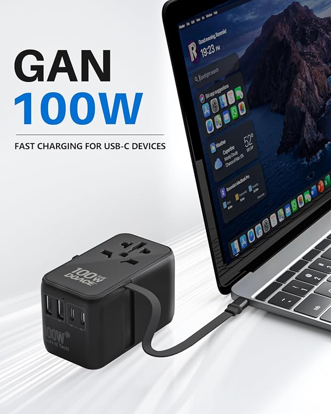DOACE Universal Travel Adapter, 100W GaN 3.0 European Travel Plug Adapter with Built-in USB-C Cable, 6 in 1 International Power Adapter with 5 USB Ports for EU/UK/USA/AUS(Black)