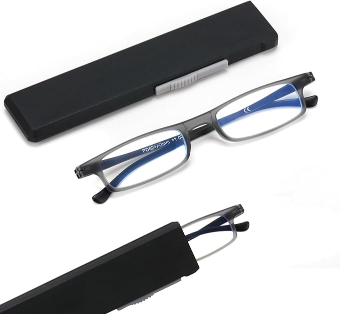 Ultra thin Lightweight Folding Reading Glasses Women Men TR90 Blue Light Blocking Anti UV/Eyestrain Foldable Compact Computer Readers Portable Unique Stretchable Slim Flat case Gunmetal +2.75