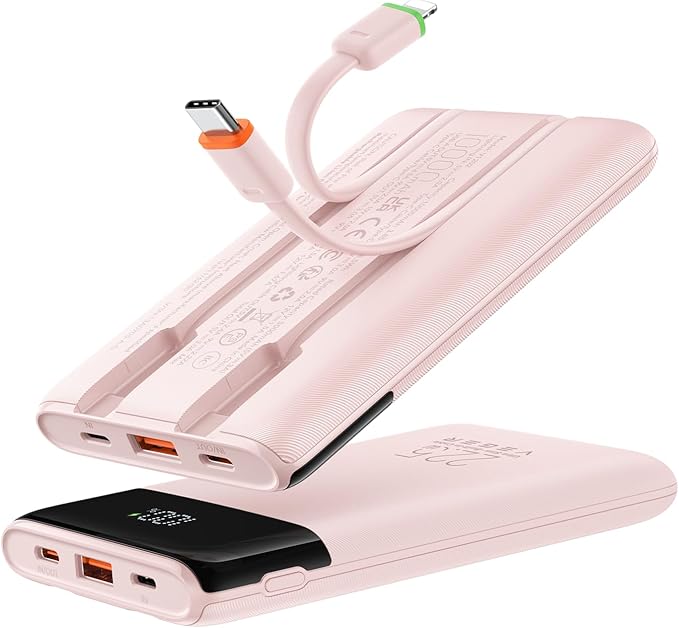 VEGER Portable Charger with Built in Cables, Slim 10000mAh PD 22.5W Fast Charging USB C Power Bank, 4 Outputs 3 Inputs Battery Pack Compatible with iPhone 16e 15 14 13 Samsung iPad - Travel Essential