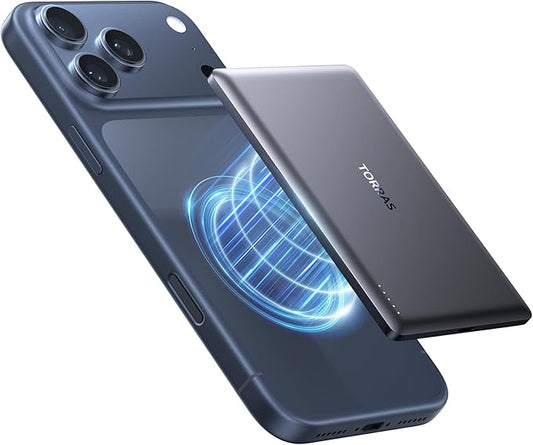 TORRAS MiniMag Power Bank, Ultra Slim 5,000mAh Wireless Portable Charger with USB-C Cable, Fast Charging iPhone Air Mag-safe Battery Pack, Compatible for iPhone 17 Pro Max/16/15/14/13/12, Glacier Gray