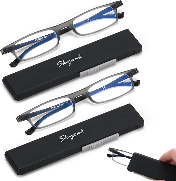 2 Pack Ultra thin Lightweight Folding Reading Glasses Women Men TR90 Blue Light Blocking Anti UV/Eyestrain Foldable Compact Computer Readers Portable Unique Stretchable Slim Flat case Gunmetal, +2.0