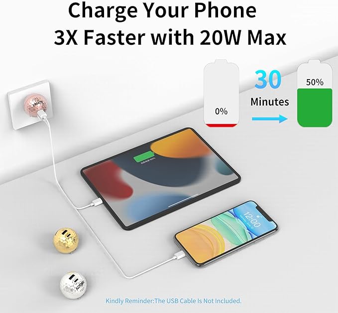 20W Dual Port Creative Golf Ball Charger Block， GaN III Power Adapter Fast Wall Charger with UL Certified, Fast Charging for iPhone 16/16 Pro/16 Pro Max/16 Plus/15/14/13/12, Galaxy, iPad, Airpods
