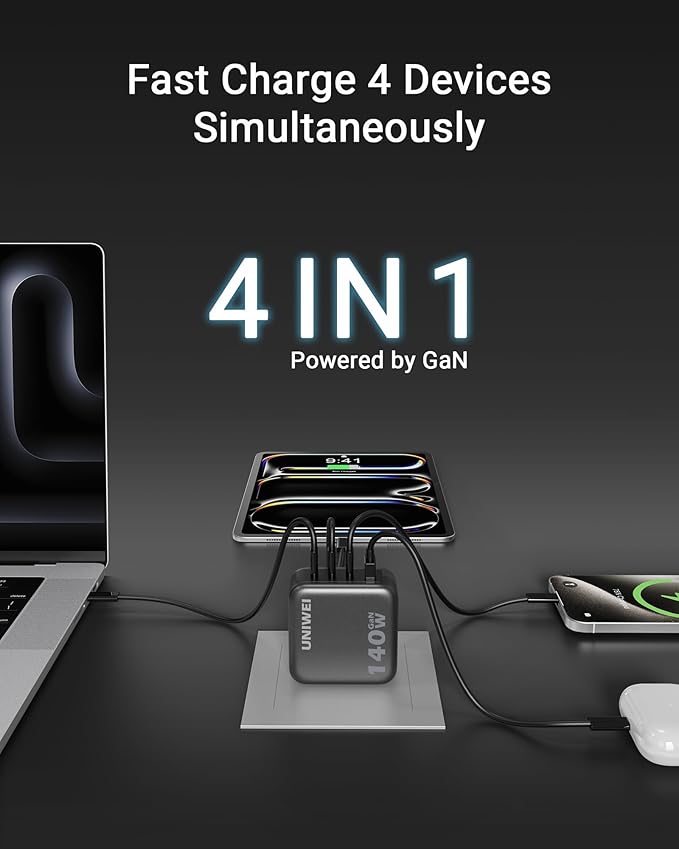 Laptop Charger, 140W MAX USB C Charger, 4-Port Multi-Device Fast Charging, Advanced GaN Power Adapter, for MacBook, iPhone 17/16 Series, Samsung Galaxy, Pixel, and More