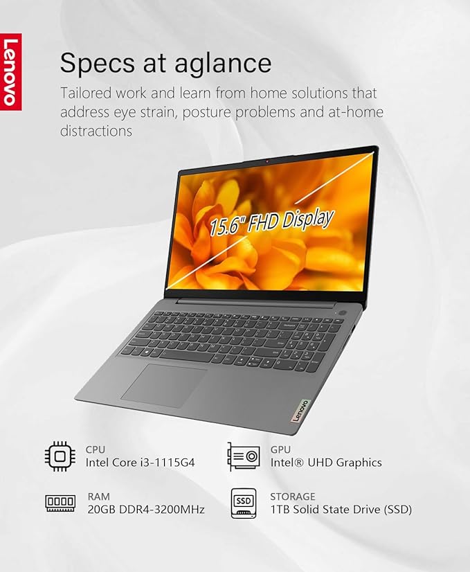 Lenovo - 2023 - IdeaPad 3i -Business Student Laptop - 20GB Memory 1TB Storage - Intel Core i3-1115G4 11th Gen - 15.6" FHD Touchscreen Display - Windows 11 - Arctic Grey - W/GaLiMu
