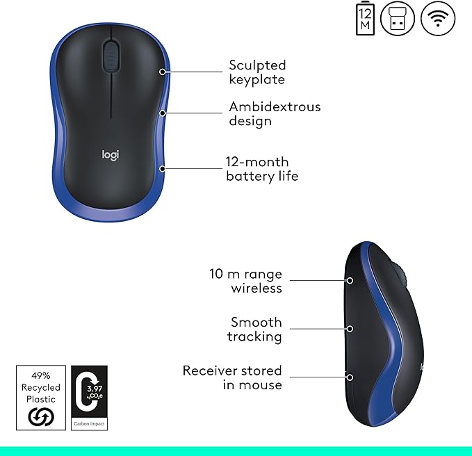 Logitech M185 Wireless Mouse, 2.4GHz with USB Mini Receiver, 12-Month Battery Life, 1000 DPI Optical Tracking, Ambidextrous, Compatible with PC, Mac, Laptop - Blue