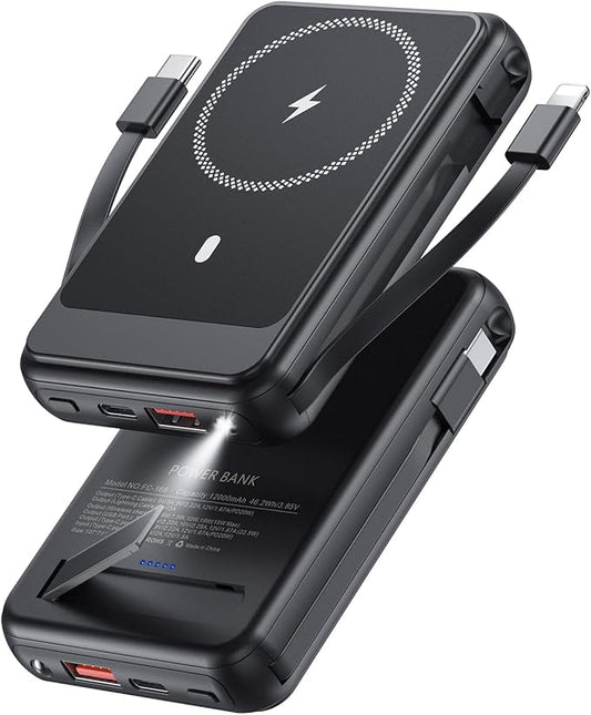 superallure Magnetic Power Bank 12000mAh for Magsafe Portable Charger, 22.5W Fast Charger Wireless Battery Pack with Built in Cables, for iPhone 16/16 Plus/16 Pro/16 Pro Max iPhone 15/14/13/12 Series