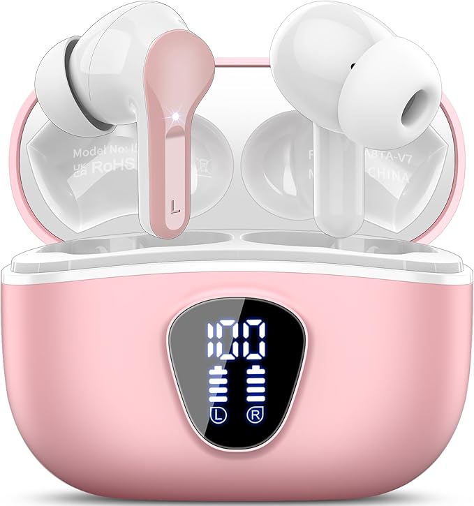 Wireless Earbuds, Bluetooth 5.4 Headphones HiFi Stereo, Bluetooth Earbuds with ENC Noise Cancelling Mic, IP7 Waterproof in Ear Earphones, 48H, LED Display Ear Buds for Pad Phones Workout Sports, Pink
