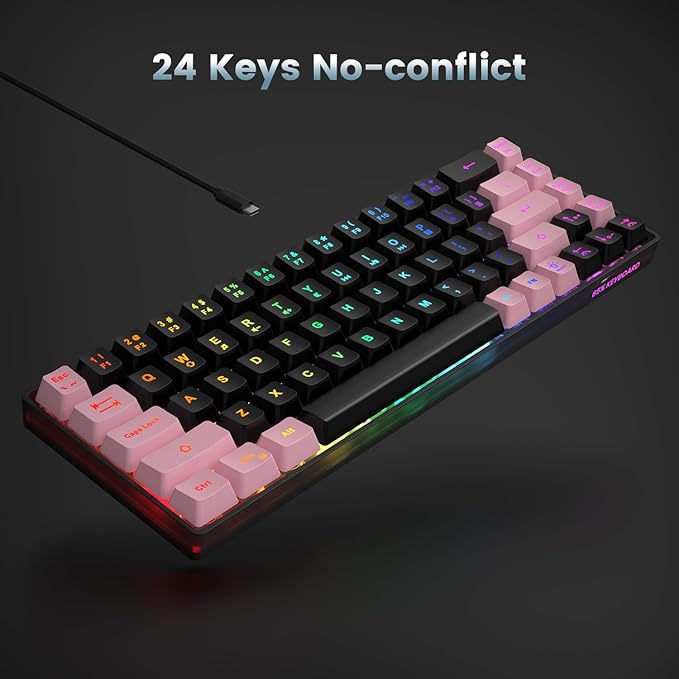 65% Gaming Keyboard, LED Backlit, Ultra-Compact Anti-Ghosting No-Conflict 68 Keys Membrane Gaming Wired Keyboard for PC Laptop Windows Gamer(Black-Pink)