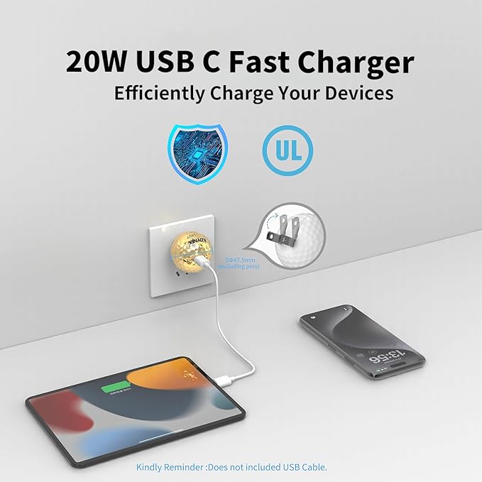 USB C Charger Block 20W，Creative Golf Ball Type C Wall Charger，GaN III Power Adapter with UL Certified，Fast Charging for iPhone 16/15 Series, Galaxy, Google Pixel,iPad,AirPods