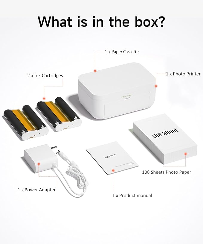 CP4100 4x6 Photo Printer with 108 Sheets & 2 Ribbons, Full-Color Thermal Dye Sublimation Wi-Fi Printing, Portable Instant Picture Printer for iPhone/Android, AR Video, Fun App, Home Use, White