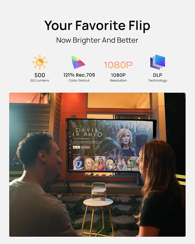 XGIMI Elfin Flip Plus Portable Projector, Google TV with Licensed Netflix, 500 ISO Lumens, 1080P Resolution Home Projector, Build-in Adjustable Stand, Lightweight and Compact Design, Screen Adaption