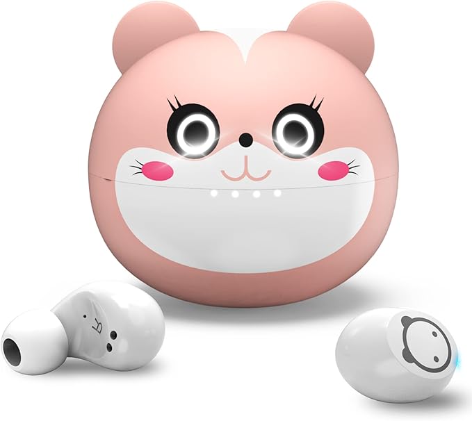 Bluetooth Earbuds Pink Wireless Earbud for Kids 36H Playtime IPX5 Waterproof Noise Reduction Cordless Girls Headphones USB-C LED Display Cartoon Kids Earphones