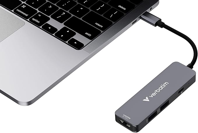 Verbatim USB-C Essentials Multiport Hub – 4 Ports: (1) USB-A 2.0, (1) USB-A 3.0/3.2 Gen 1, (1) USB-C 3.0/3.2 Gen 1 with 4K HDMI and Up to 100W Power Delivery