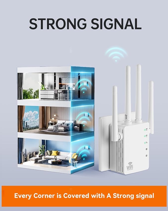 WiFi Extender with Ethernet Port, Covers Up to 13888 Sq.ft and 150+ Devices, WiFi Extender Signal Booster with Dual Band 5GHz/2.4GHz, Antennas, Ethernet Port & EasyMesh, 1-Tap Setup