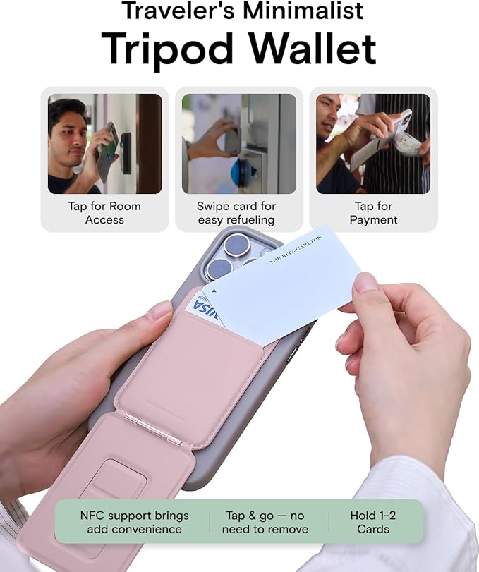 MOFT Phone Tripod Wallet for iPhone, Mulit-Angles, Lightweight & Portable Phone Stand, MOVAS Vegan Leather Magnetic Wallet, Strong Magnets, NFC Card Holder,Travel Essential, Blush (with Card Slot)