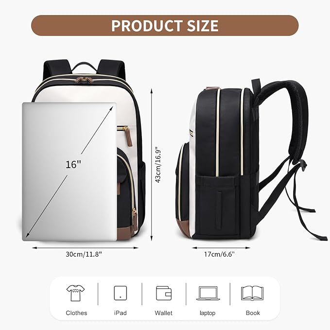 TENSTAR Laptop Backpack for Women, Computer Backpack Fit 16 Inch Notebook, Large Capacity College Backpack Bookbag Casual Daypack for Travel, Black with Beige