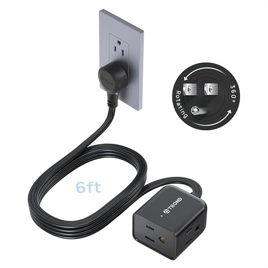TROND 360° Rotating Flat Plug Extension Cord 6ft, Low Profile Small Power Strip, 3 Side Grounded Outlet, 13A, SPT 16/3 Gauge Cable for Indoor Home Office Kitchen Cruise Travel Essentials, Black