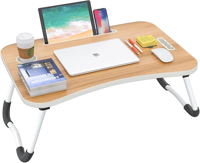 BUYIFY Folding Lap Desk, 23 Inch Portable Wood Yellow Laptop Bed Desk Lap Desk with Cup Holder, for Working Reading Writing, Eating, Watching Movies for Bed Sofa Couch Floor