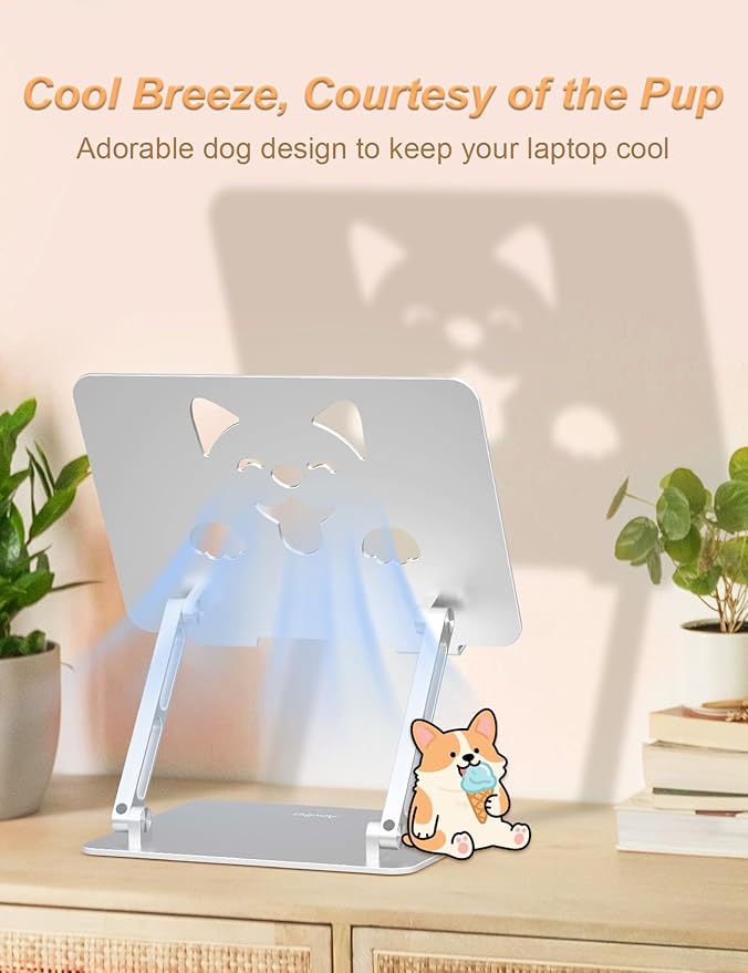 Laptop Stand for Desk – Adjustable Portable Laptop Riser, Aluminum Laptop Holder Compatible with MacBook Air Pro, Dell, HP, Lenovo (10"-17.3"), Featuring Unique Puppy Panel Design, Silver