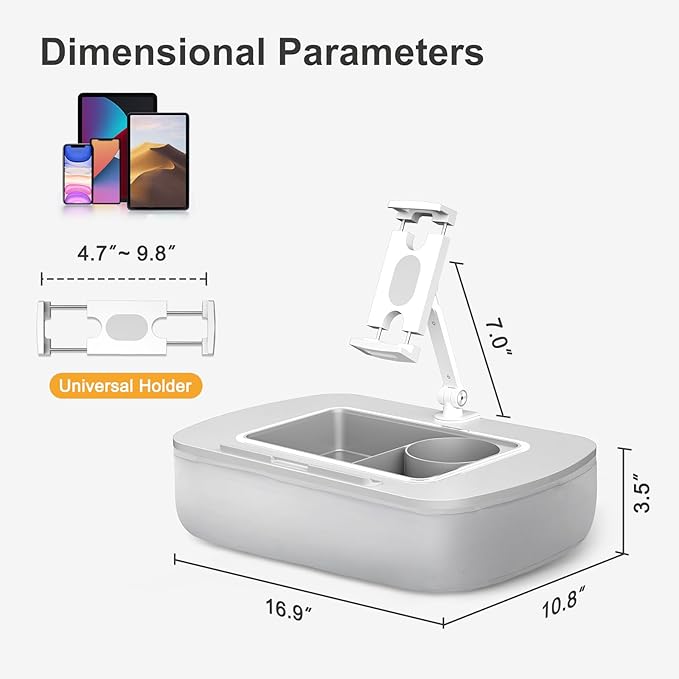 Tablet Stand Pillow with Snack Bowl, iPad Lap Holder for Hands-Free Reading and Relaxation on Bed,Couch,Recliner, 360° Rotating Clip for 4.7-13" Kindle,eBook,Tablet,iPhone (Light Gray)