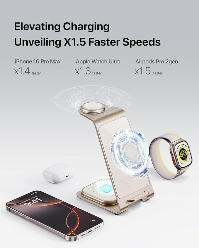 Intoval 3 in 1 Wireless Charging Station for iPhone 17 16 15 14 13 12 11 X Pro Max, Wireless Charger for Apple Watch Ultra 3 SE 9 8 7 6 5 4 3 2, for AirPods 4 Pro Pro 2 3 (Y93, Desert)