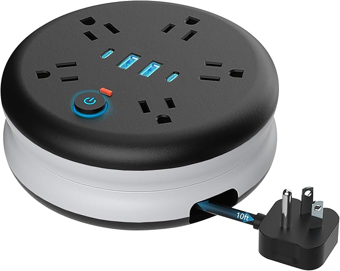 Retractable Travel Power Strip: 10 Ft Extension Cord Portable Powerstrip with 5 Outlet 2 Smart USB Port 2 USB C for Travel Cruise Ship Beach Vacation Essentials