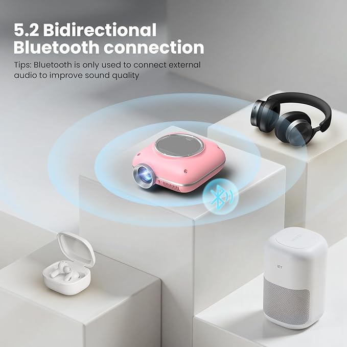 Mini Projector with Two -Way Bluetooth, Portable Projector for Home Theater Use, Support 1080P for Outdoor Projector/Movie Projector Compatible with HDMI, USB, Laptop, TV Stick (Pink)