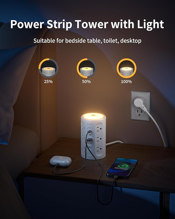 Power Strip Tower with Night Light, 15W Surge Protector Power Strip with USB Ports, 10 FT Extension Cord with Multiple Outlets (12AC+3A+2C) for Home Office Desk DormRoom (White)