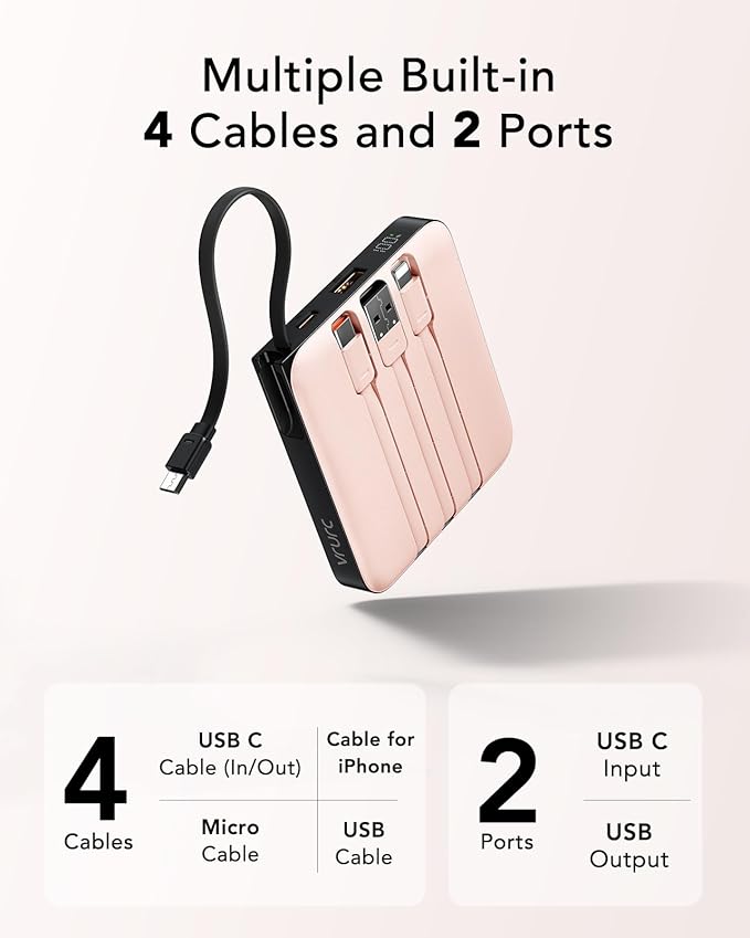VRURC Mini Portable Charger, 22.5W USB C Fast Charging 10000mAh Pocket Power Bank with Built-in Cable, Battery Pack for iPhone 16 15 14 13 Samsung Galaxy S23 S22 Google Android, Pink(1 Pack)
