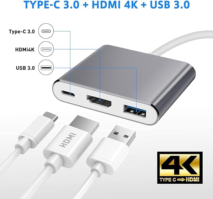 3 in 1 USB C to HDMI Adapter, Type C to 4K HDMI Adapter with 100W PD & USB 3.0 Port, Multiport Hub Compatible with MacBook Pro, iPad Air, iPhone 15/16, Laptop, TV, Switch, Monitor and More