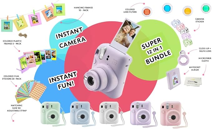 Fujifilm Instax Mini 12 Instant Camera + 60 Photo Prints + Accessories, Lilac Purple